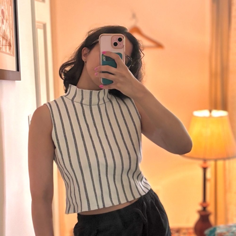 Anthropologie MOTH Black and White Striped Crop Tank mock neck preppy vintage